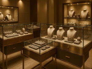 A luxurious jewelry retail store interior with well-lit glass display cases, showcasing rings and necklaces on velvet pads and acrylic risers. The fixtures combine wood bases, brushed metal accents, and faux leather drawers, with spotlights highlighting the sparkle of the jewelry. The overall tone is elegant, warm, and premium, conveying expert material selection and professional shopfitting.