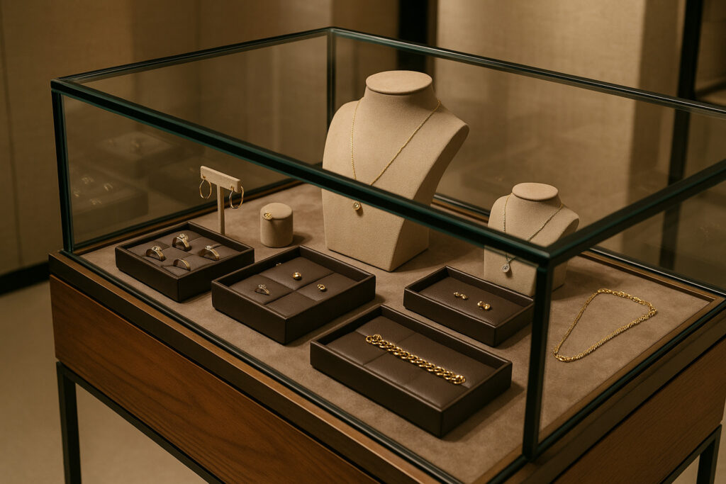 A display cabinet featuring a mix of materials—glass top, wood base, metal frame, velvet-lined inserts, and PU leather trays—holding a range of jewelry pieces in a coordinated, premium presentation inside a high-end boutique
