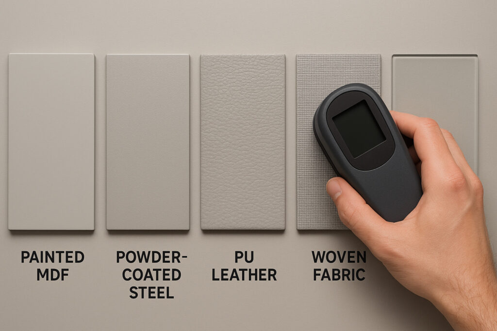 Side-by-side comparison of five material swatches—painted MDF, powder-coated steel, PU leather, woven fabric, and glass—all matched to the same light gray tone but with visibly different appearances. Overhead lighting reveals subtle variations in gloss and texture. A technician's hand holds a spectrophotometer near one of the samples.