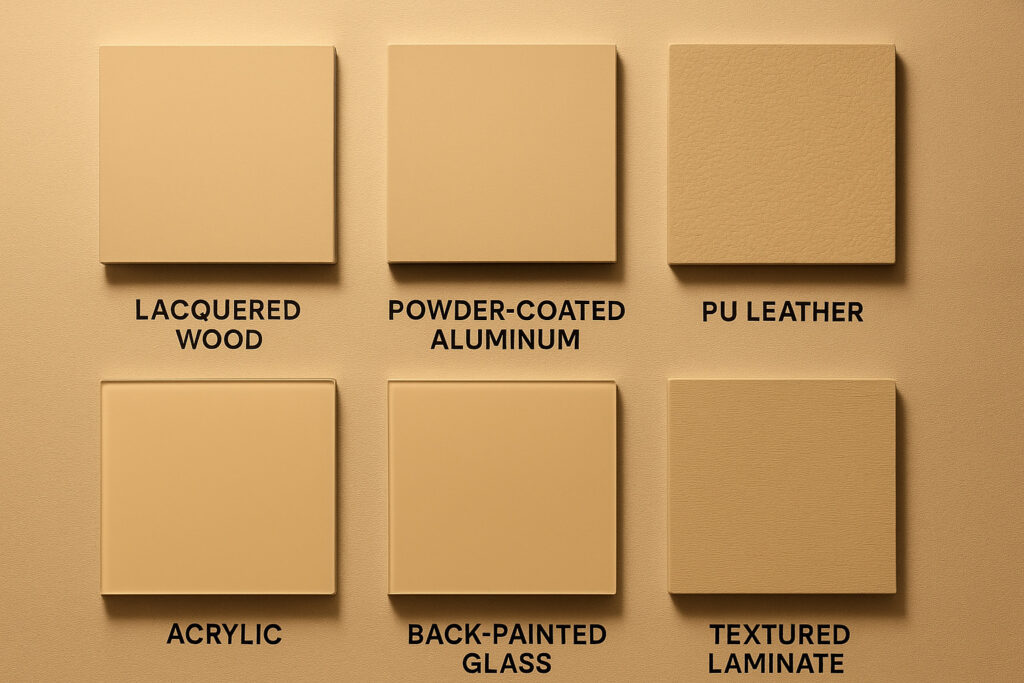 A labeled display board presenting the same beige tone applied to six materials—lacquered wood, powder-coated aluminum, PU leather, acrylic, back-painted glass, and textured laminate. Each swatch is annotated. Warm neutral lighting simulates a showroom setting. Close-up focus highlights how color behaves differently on each surface.