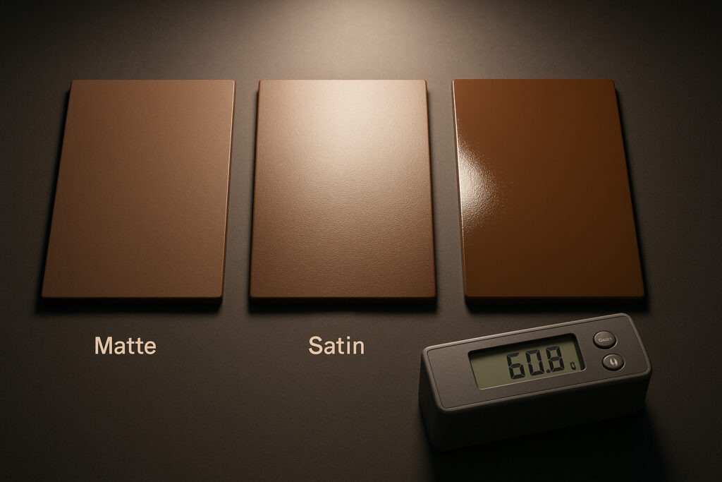 Three rectangular panels in the same base color but with different gloss levels—matte, satin, and high gloss—arranged side by side under directional spotlight. Gloss levels are visually distinguishable by light reflection. A gloss meter device is placed nearby. The scene mimics a QC inspection table.