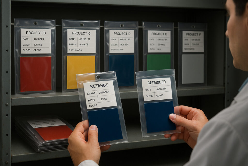 A production facility shelf storing archived color samples in clear envelopes, each labeled with project name, date, batch code, and gloss level. In the foreground, a technician is comparing a current sample with a retained standard under studio lighting. The scene conveys meticulous record-keeping.
