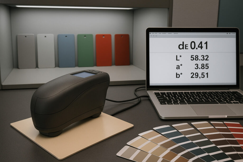 A close-up of a spectrophotometer measuring a coated metal panel, with a connected laptop showing ΔE readings and Lab* values. The workspace includes a light booth and color sample charts. The background includes various coated test panels. The scene evokes lab-level precision and professionalism.