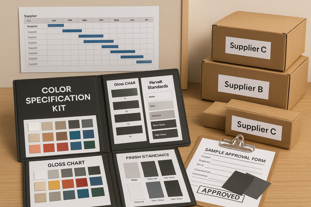 A project coordinator’s desk with a centralized “Color Specification Kit” containing physical samples, gloss charts, printed finish standards, and a sample approval form. Multiple supplier packages are labeled and cross-checked. A Gantt chart is pinned in the background to indicate supplier timelines.