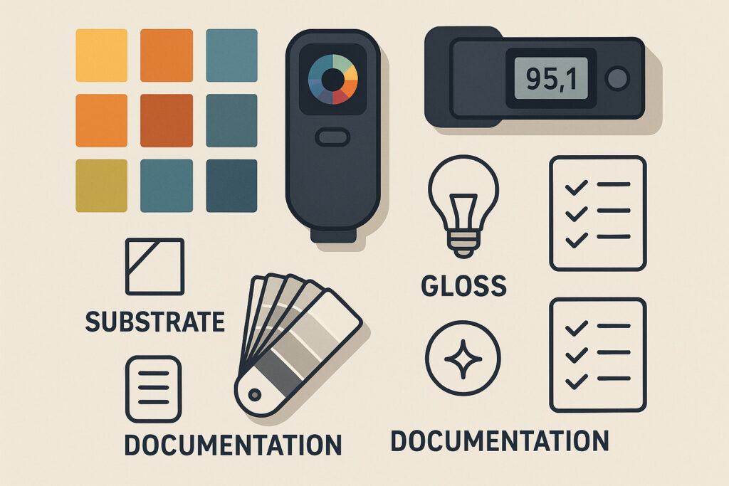 An infographic-style flat lay showing color samples, measurement tools (spectrophotometer, gloss meter), finish charts, and checklists. Icons or text overlay summarize key factors: substrate, lighting, gloss, documentation. Designed with a clean, technical aesthetic suitable for a training manual or professional guide.