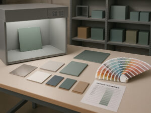 A clean, well-organized workshop table inside a professional shopfitting facility. On the tabletop, multiple material samples—such as brushed metal, matte acrylic, painted wood, and fabric swatches—are neatly arranged beside an open Pantone color guide and labeled production notes. A color evaluation light booth casts neutral light on a painted metal panel being checked for consistency. In the background, display components and coated panels in matching colors are stored on shelves. The overall scene conveys precision, material control, and color matching expertise, with no human presence—only tools, surfaces, and the production atmosphere.