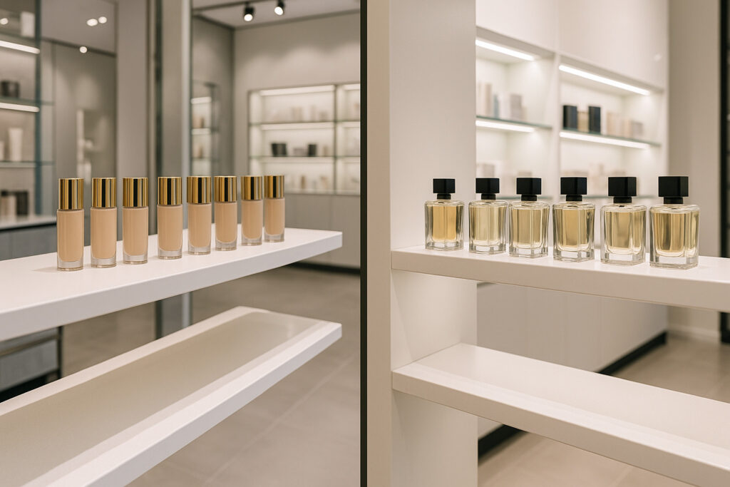 A close-up of a luxury retail cosmetics display shelf with visible bowing due to poor reinforcement. Next to it, a sturdy, well-constructed shelf in the same environment holds heavy items like perfume bottles without distortion. The shop interior is modern and minimalistic, with polished fixtures, clean white or pastel tones, and spot lighting highlighting product areas.