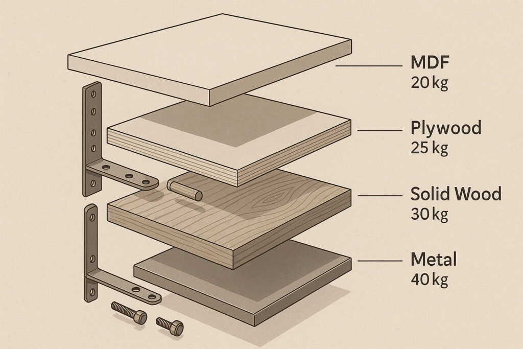 An exploded technical-style diagram of a boutique wall-mounted shelf. Each layer shows a different material (MDF, plywood, solid wood, metal) with annotations showing load capacity differences. Include visual markers like brackets, dowels, and bolts. Use a neutral-toned background like an architect's table or workshop wall, with shadows giving a clean, 3D-rendered feel.