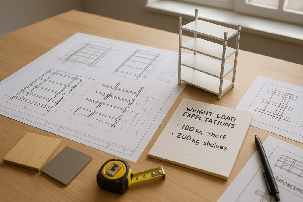 A design studio table with open shopfitting blueprints, a scale model of a retail shelving unit, and written notes specifying weight load expectations. Wood and metal samples, tape measure, and reinforcement drawings are scattered around. Light coming from a window suggests daylight planning. Clean, professional workspace aesthetic.