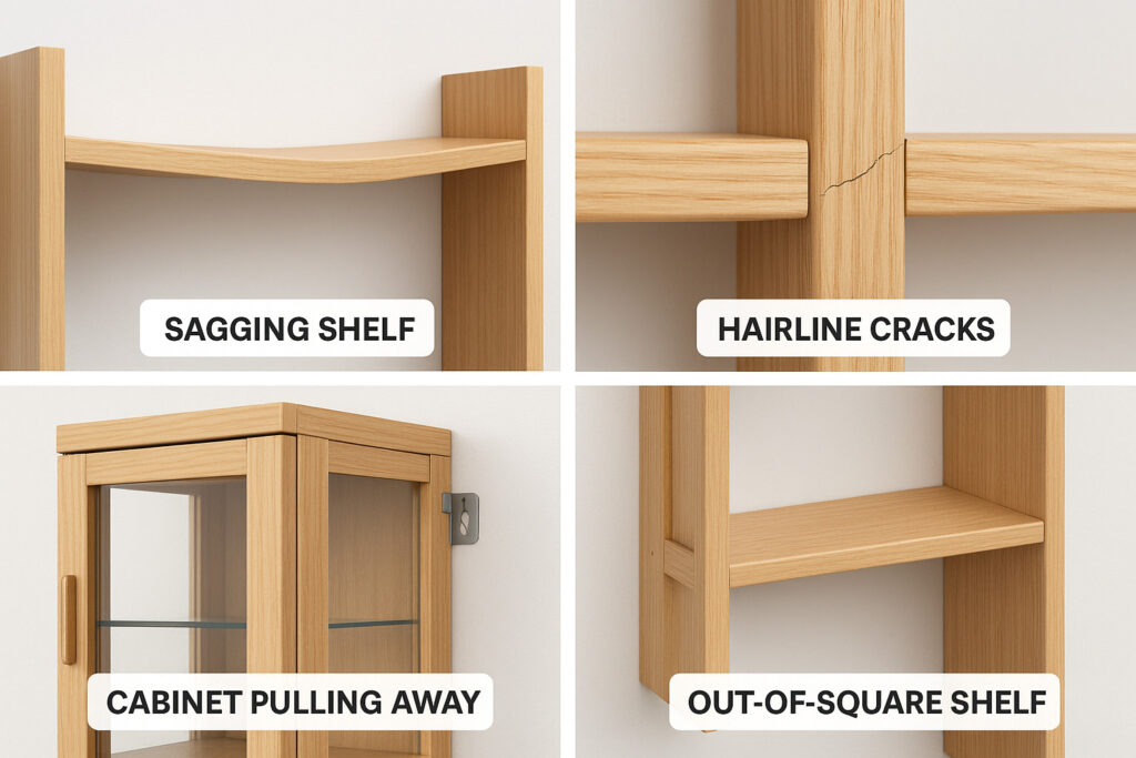 A visual checklist layout showing four separate zoomed-in images:A shelf visibly sagging in the middle.Hairline cracks forming near wooden joints.A display cabinet pulling slightly away from a wall bracket.A shelf visibly wobbling or shifted slightly out of square.
Each item is presented on a clean white or grey background with simple labels beneath. No people, no branding, just educational imagery.