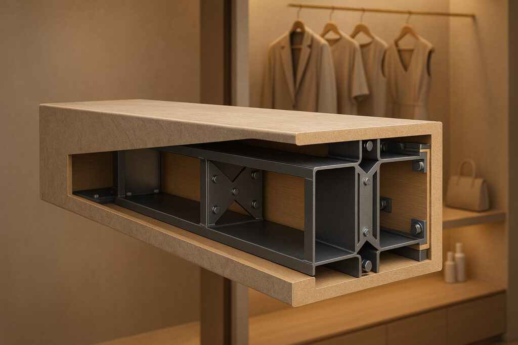 A custom retail display shelf installed in a boutique setting. The outer surface appears as a floating, faux-stone finish with sleek, minimal design. Inside the shelf, the rendering reveals precise internal reinforcements: rectangular hollow-section steel tubing and cross-bracing plates embedded in CNC-milled slots. Bolted joinery and tension brackets are clearly visible in the exposed cross-section. The backdrop shows a softly lit, high-end retail wall with hanging garments and elegant product placement, emphasizing the balance of structural integrity and visual lightness.