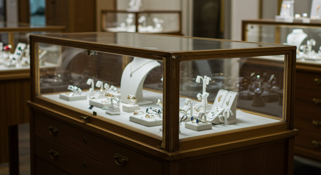 A stylish but aging jewelry retail display cabinet in the foreground, showing slight damage and wear, surrounded by modern products that appear well-lit and curated, with a sense of mismatch between fixture and merchandise, no people, high-end lighting.