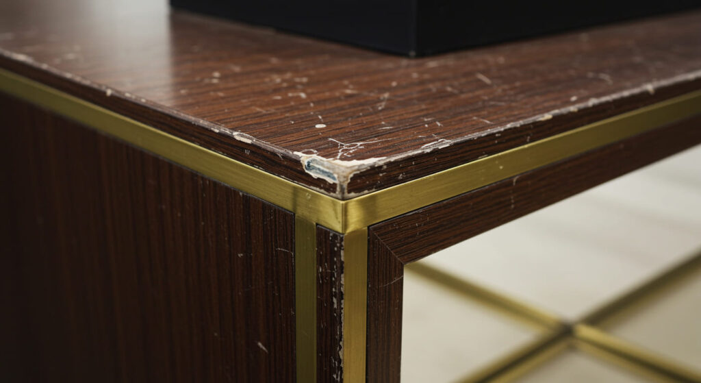Close-up of a luxury retail display fixture corner with peeling laminate, scratches on a wood grain surface, faded brass trim, and worn shelf edge, placed under professional retail lighting with subtle reflection to emphasize damage, no people.