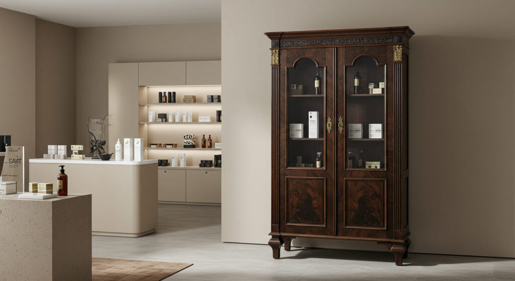 A striking visual contrast within a single frame. The background features a contemporary, minimalist retail environment with clean lines, neutral colors, and modern product packaging. In the foreground, prominently placed, is an ornate, heavily carved, dark wood antique display cabinet with brass fittings, completely clashing with the modern aesthetic. It looks out of place and sends a confusing message about the brand's identity.