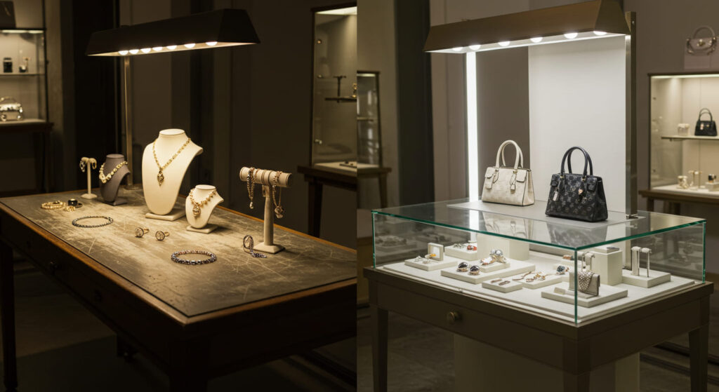 A split-scene composition showing two contrasting fashion display tables in a boutique setting. On the left side, a dimly lit, worn-out display table with a faded, scratched surface poorly reflects jewelry and handbags placed on top. The lighting is weak and uneven, making the luxury items look dull and uninviting. On the right side, a modern, sleek display showcase with bright, focused lighting and polished finishes showcases identical jewelry and handbags, which now appear vibrant, sparkling, and premium. The scene emphasizes the dramatic difference in product appeal due to lighting and display quality. Soft shadows and boutique ambiance throughout.