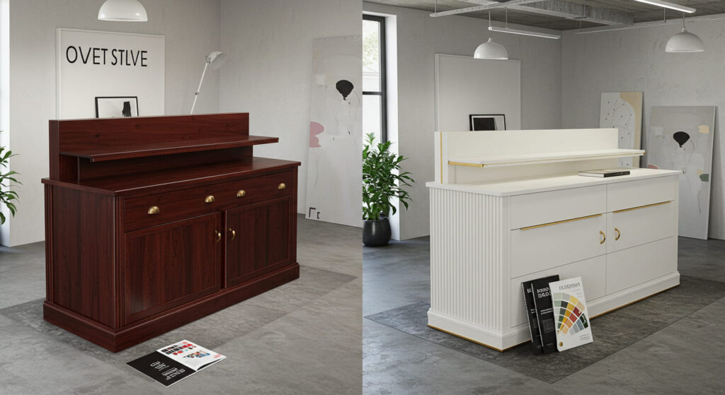 Side-by-side comparison of two retail display pedestals. One is outdated: dark cherry wood finish, large brushed chrome handles, overly ornate. The other is modern: matte white lacquer, sleek gold accents, clean lines. A brand style guideline booklet and color swatch fan are placed in front for reference. Interior design office setting, no people.