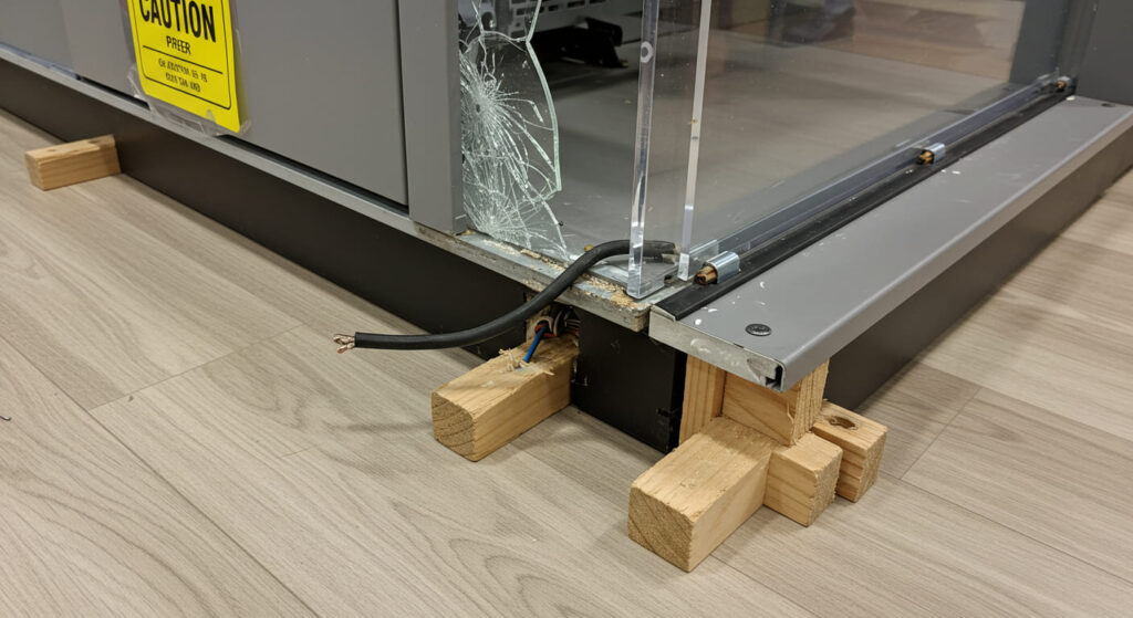 A close-up of a retail display cabinet base showing an exposed electrical wire, a cracked acrylic panel, and a tilted structure stabilized by temporary wooden shims. A yellow “Caution” label is attached. The flooring is light woodgrain vinyl, suggesting this is an in-store repair scene. No humans, realistic lighting.