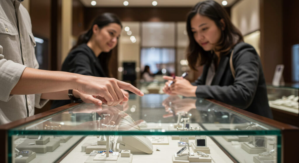 Two shoppers interacting with a clean, smudge-free glass display case containing jewelry or high-end electronics, their reflections visible but no fingerprints on the glass, soft warm lighting and elegant store background enhance the premium shopping feel