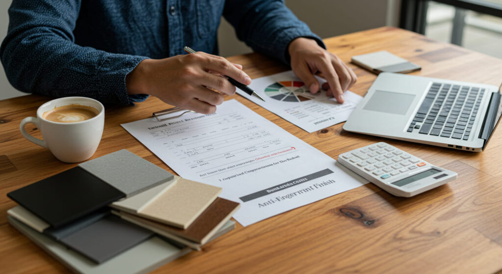 A retail project cost breakdown chart or invoice on a designer’s desk, highlighting the added line for "anti-fingerprint finish," with hands of a designer and client discussing over coffee, next to samples of standard and coated materials, calculator and laptop open