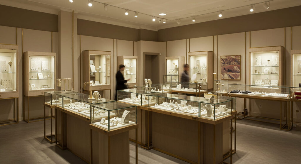 A boutique jewelry store interior with a focus on varied display fixtures made from glass, metal, and velvet, shown in use with elegant products like rings and necklaces; customer browsing in background; warm, professional lighting realistic