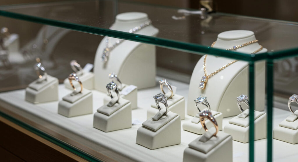 Close-up of a tempered glass jewelry showcase displaying high-end rings, with spotlights reflecting gently on the clean, fingerprint-free surface; gold jewelry sits on white display pads inside the case