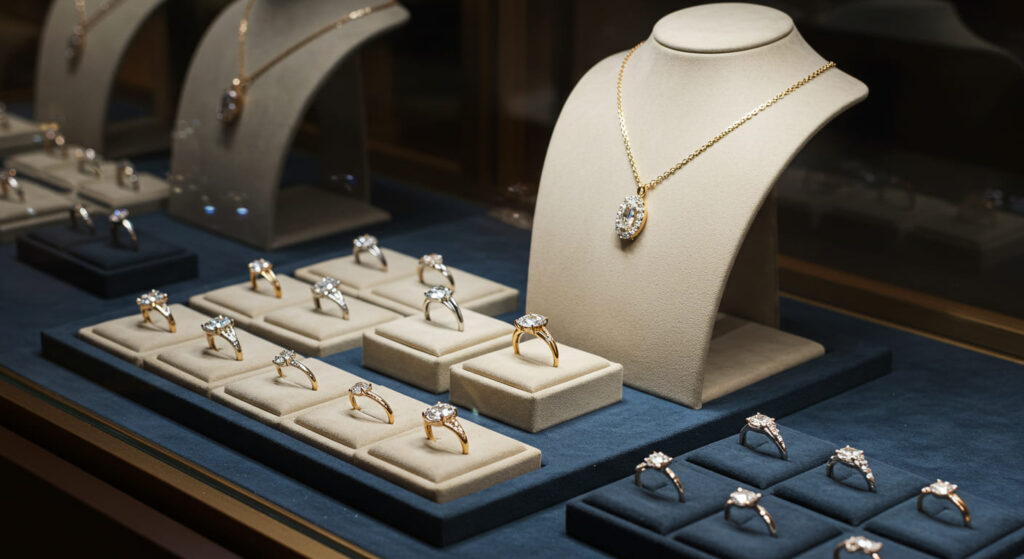 A jewelry display showcase filled with velvet-covered pads, inserts in dark blue and beige tones, holding diamond and gold rings; overhead light softly enhances the texture of the velvet and the sparkle of the jewelry realistic