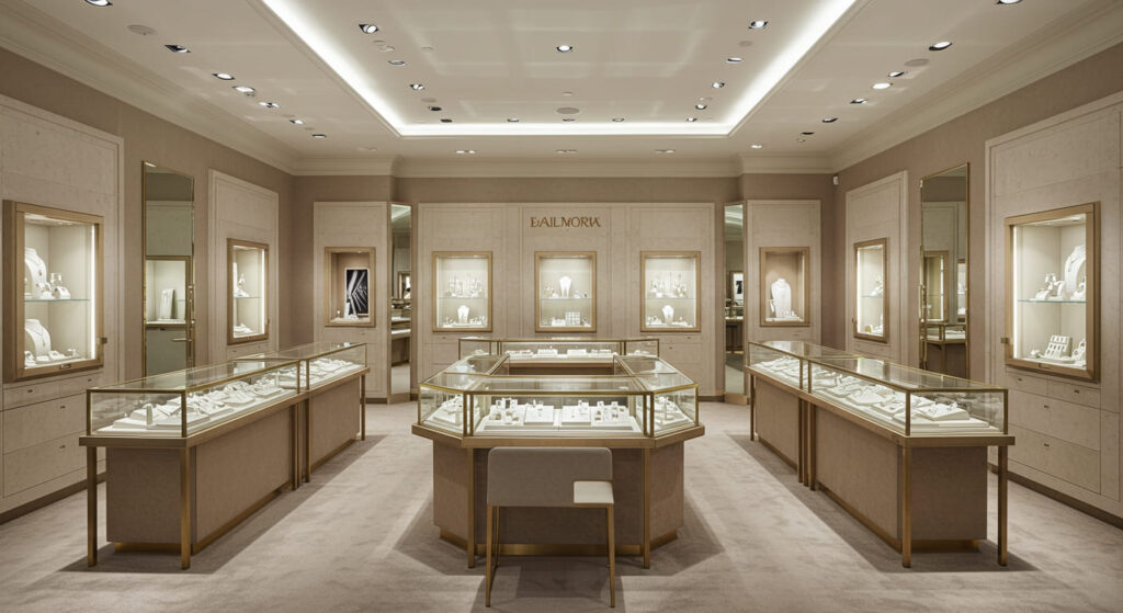Wide-angle view of an inviting jewelry store with harmonized display materials throughout—elegant lighting, cohesive textures, and clean surfaces—highlighting the overall ambiance and premium shopping experience