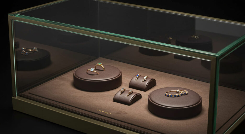 Jewelry display showcase with leather display pads