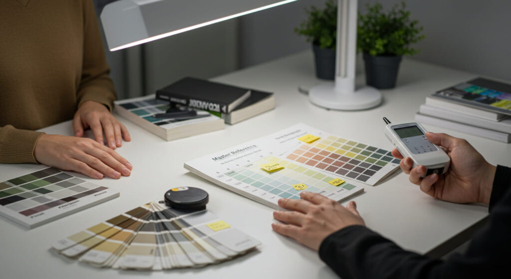 A well-lit design desk showing Pantone color books, RAL fan decks, and physical color swatches placed under a calibrated LED light source (4000K). A color sample board is labeled “Master Reference” with small notes indicating substrate and gloss. A designer is inspecting the samples with a neutral background.
