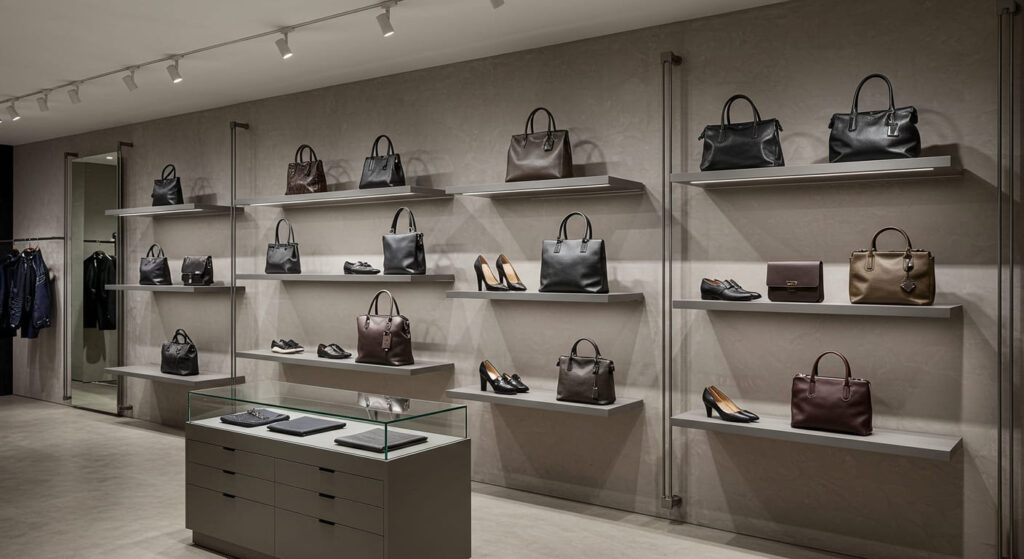A high-end retail boutique with sleek wall-mounted display shelves holding neatly arranged leather handbags and shoes. The focus is on the sturdy, well-structured fixtures integrated into a clean interior space.