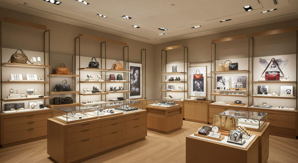 A harmonious luxury retail space showing multiple wall and freestanding display fixtures properly arranged with medium-weight items like watches, bags. All shelves appear solid, level, and balanced. The atmosphere is serene, warm-toned, and emphasizes confidence in the integrity of the display environment. Soft shadows and recessed ceiling lighting complete the scene.