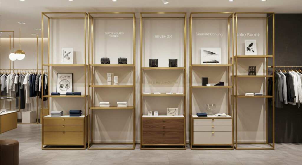 Visualize a stylish retail boutique using mixed materials in display fixtures—polished brass frames with matte wooden shelves, and frosted glass backings. Focus on how the contrast subtly leads the eye to specific focal points, such as hero products or promotional zones. The store layout should feel intentional, uncluttered, and premium.