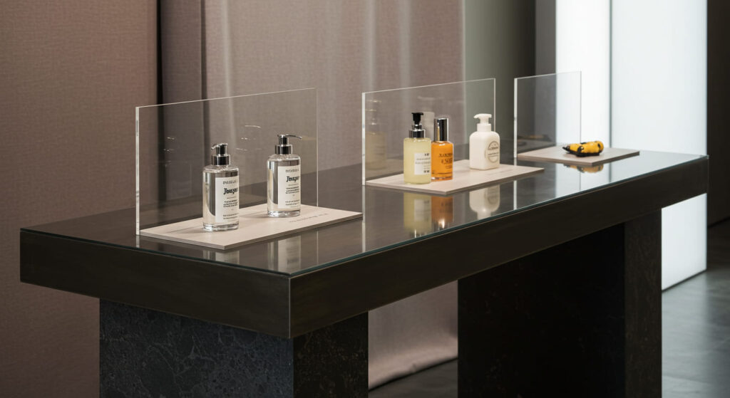 Showcase a wall display system in a retail shop where the center panel is finished in warm walnut wood, while side panels are in neutral matte laminate. Add product spotlights focused on the wood panel. This contrast should visually draw the customer’s attention to the central highlight area, where premium or new items are featured.