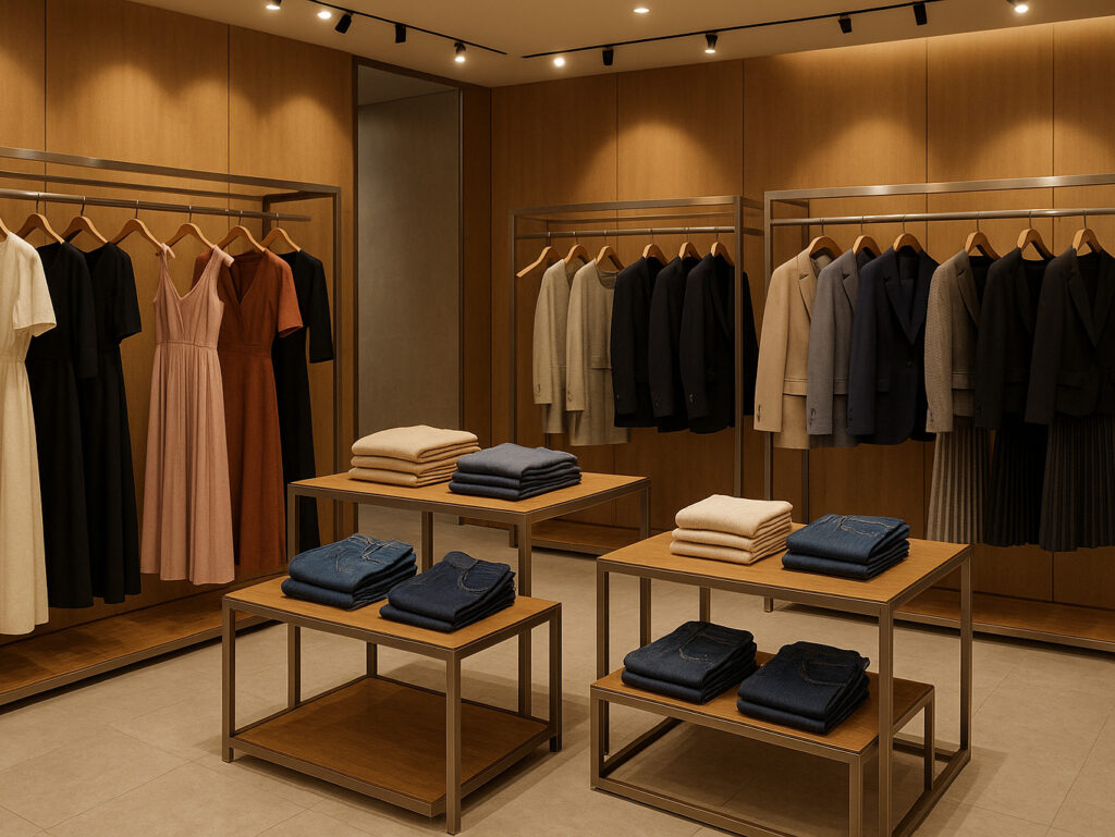 A luxurious boutique clothing store interior showcasing both hanging and folded garments: elegant dresses, tailored blazers, and pleated skirts on high-quality wooden hangers, neatly folded knitwear and denim on central display tables, modern modular fixtures in brushed metal and wood, warm spotlighting highlighting fabric textures, clean marble flooring, sophisticated and organized atmosphere, no people.