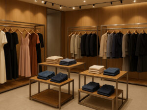 A luxurious boutique clothing store interior showcasing both hanging and folded garments: elegant dresses, tailored blazers, and pleated skirts on high-quality wooden hangers, neatly folded knitwear and denim on central display tables, modern modular fixtures in brushed metal and wood, warm spotlighting highlighting fabric textures, clean marble flooring, sophisticated and organized atmosphere, no people.