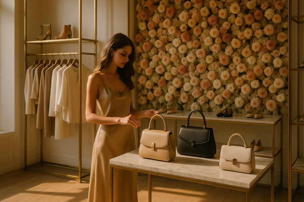 A luxurious, Instagrammable retail boutique interior bathed in warm natural light, featuring a dramatic floral wall installation, modern brass and marble fixtures, and a stylish young woman browsing a display, cinematic composition, high fashion editorial style, depth of field focus on shopfitting details, ultra high resolution