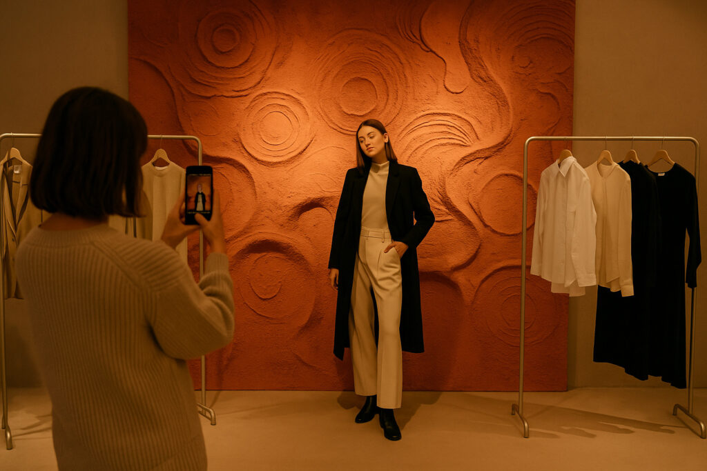 A concept store’s hero spot featuring an art installation backdrop, minimal but striking clothing racks, warm spotlight, a stylish woman standing in front of the display posing for a photo taken by her friend, editorial fashion photography style, Instagrammable retail design