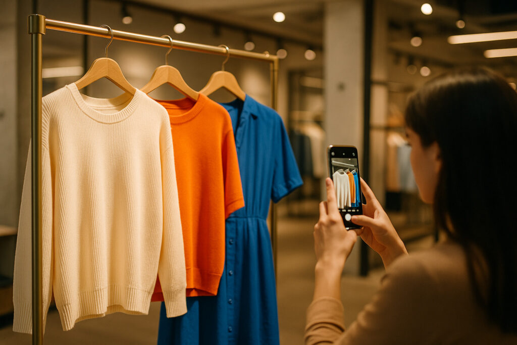 A concept store’s hero spot featuring an art installation backdrop, minimal but striking clothing racks, warm spotlight, a stylish woman standing in front of the display posing for a photo taken by her friend, editorial fashion photography style, Instagrammable retail design