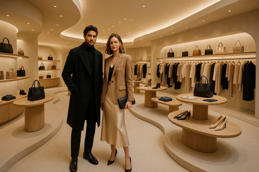 A wide shot of a boutique interior with curved pathways and layered displays, a couple of stylish shoppers mid-pose for a portrait session, composition capturing both human interaction and shopfitting design, editorial fashion magazine style