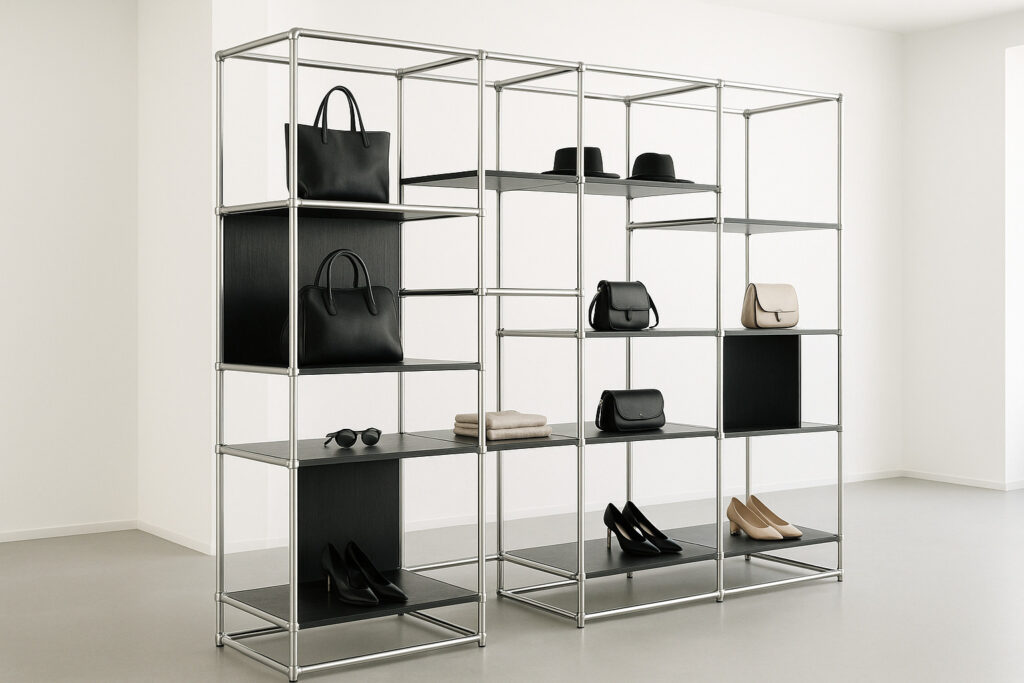 Bauhaus-style modular retail shelving system, silver steel frame, black wood panels, adjustable sections, displaying fashion accessories, minimal design, clean white walls, open floor plan, geometric composition, ultra realistic product displaylighting, ultra realistic interior (bright light interior)