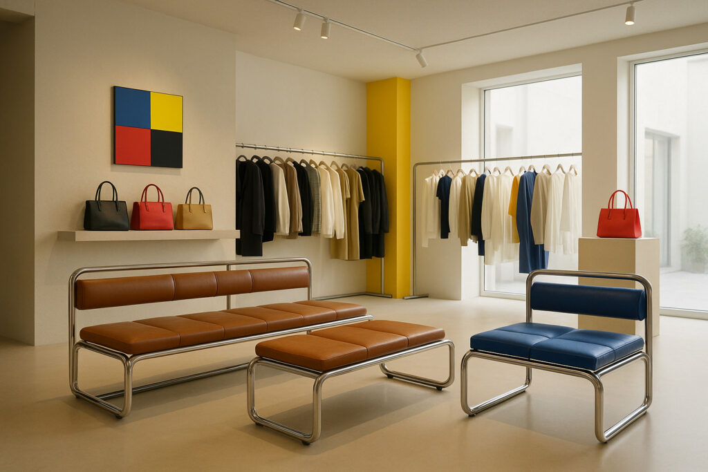 Bauhaus-inspired retail seating area, tubular steel benches with leather cushions, placed in a modern boutique, neutral palette with primary color accents, open layout, soft natural light, ultra realistic interior shot