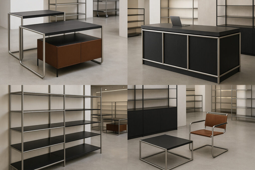 Collage of Bauhaus-inspired retail elements – display tables, checkout counter, shelving, seating – all in one modern store, clean lines, industrial materials, open space, functional layout, ultra realistic commercial design