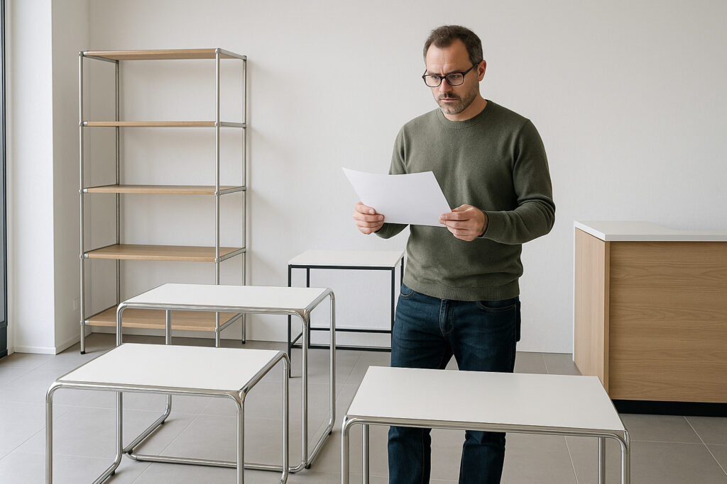 Store owner reviewing Bauhaus-style furniture options – modular display tables, steel and wood shelving, checkout desk – arranged in a bright, minimalist showroom, ultra realistic photography