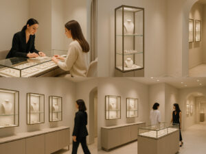Modern small jewelry store interior with counter showcase, upright vitrine, wall-mounted display, and central island showcase, minimalist boutique design, elegant jewelry presentation.
