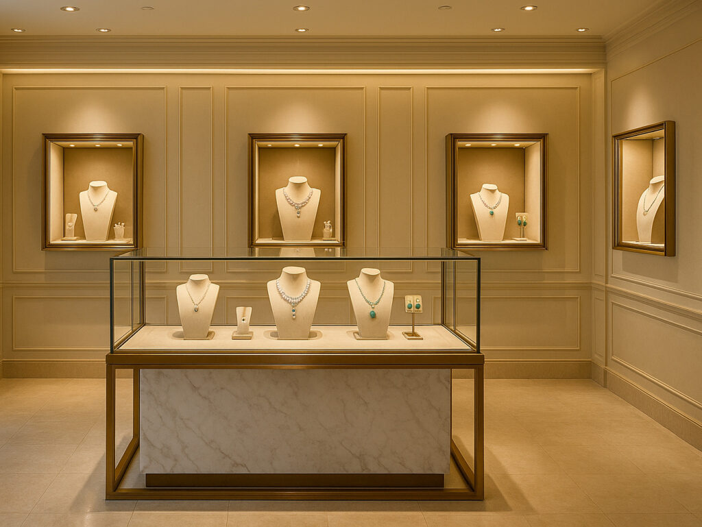 Luxury jewelry store interior with marble showcases, brass-framed vitrines, and refined lighting highlighting fine jewelry in an elegant boutique design.
