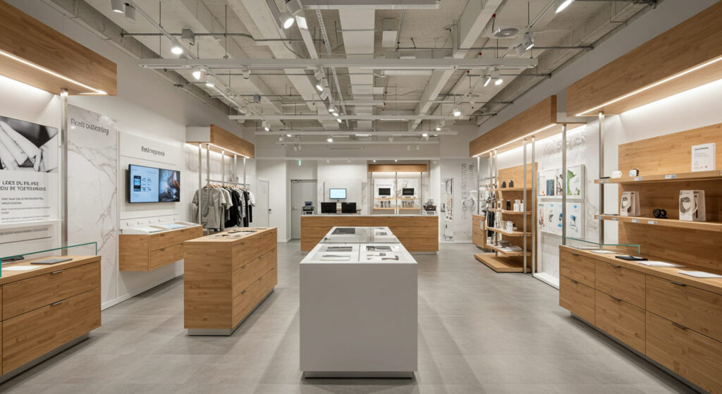 Scene: A retail environment that reflects a brand's identity using contrast—for example, a tech brand using clean glass and cool-toned aluminum against warm wood touches to reflect innovation and approachability. Show how material contrast can represent both product function and emotional messaging.