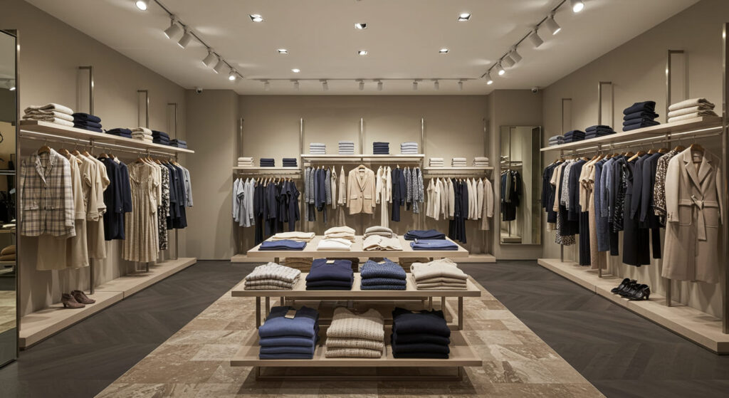 A high-end boutique clothing store interior, blending hanging and folded displays, wall-mounted racks with dresses and blazers, central tables with neatly folded knitwear, warm spotlights highlighting textures, clean marble flooring, no people.