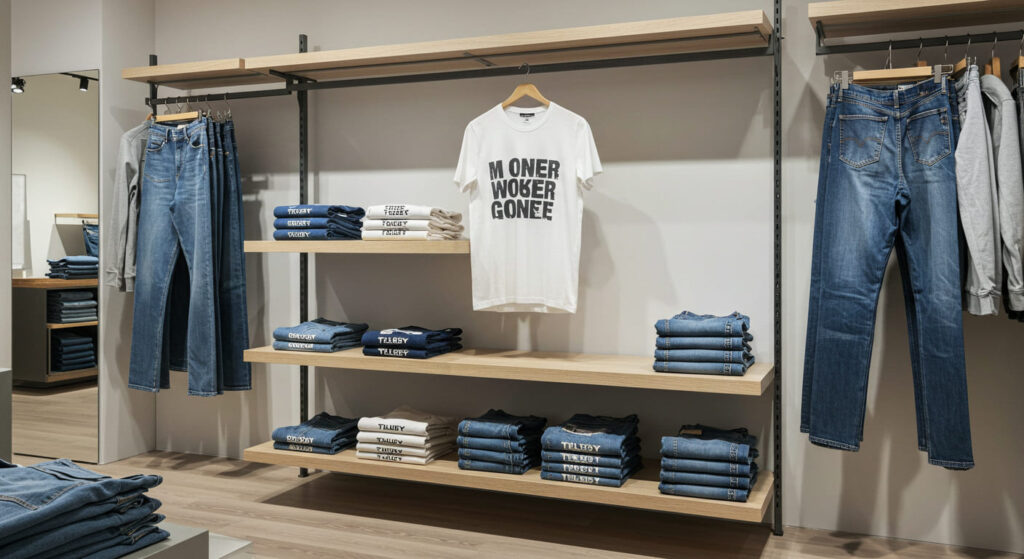 A retail fixture combining a hanging rail with a lower shelf, a statement T-shirt hung prominently, matching folded stacks below, jeans hung on side hooks with folded stacks nearby, contemporary store layout, no people.