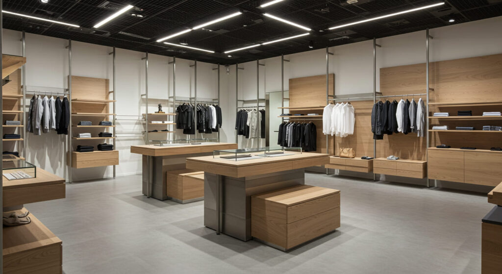 A professional boutique interior showing modular shopfitting fixtures: wall-mounted rails, freestanding racks, tiered display tables with hidden drawers, brushed metal and wood finishes, bright yet warm lighting, no people.