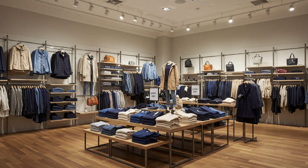 A well-organized clothing store layout with grouped garment sections: outerwear on one wall, folded knitwear on central tables, accessories displayed nearby, clear signage and accessible heights, inviting warm light, no people.